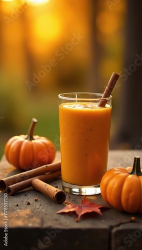 The golden warmth of sunset casts a cozy glow over a rustic wooden table where a glass of pumpkin spice smoothie sits alongside fallen leaves and twigs, soft light, smoothie, pumpkinspice photo