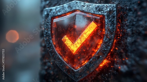 Glowing checkmark on a metallic shield embedded in rock.