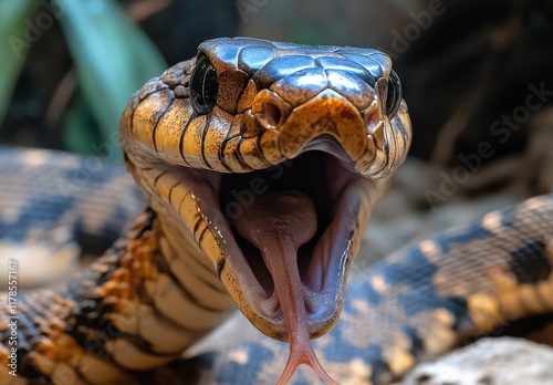 Close-Up of a Southern Black Racer Snake Showing Its Open Mouth and Flicking Tongue, Captured in a Natural Habitat with Lush Background Details photo
