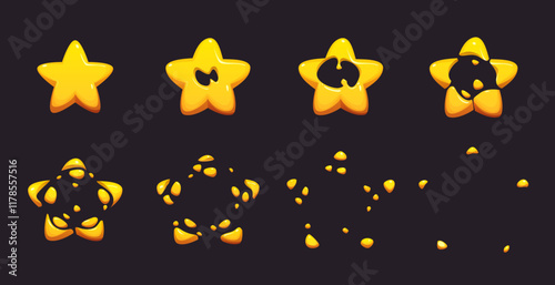 Golden star game sprite animation with sparkles and shine light effect. Vector sprite sheet and 2d animation frame of cartoon gold star explosion. Magic energy boom or space twinkle animate assets