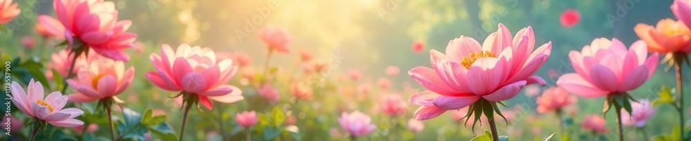 Fototapeta premium Pastel colors of flowers in a serene landscape, petals, landscape, nature