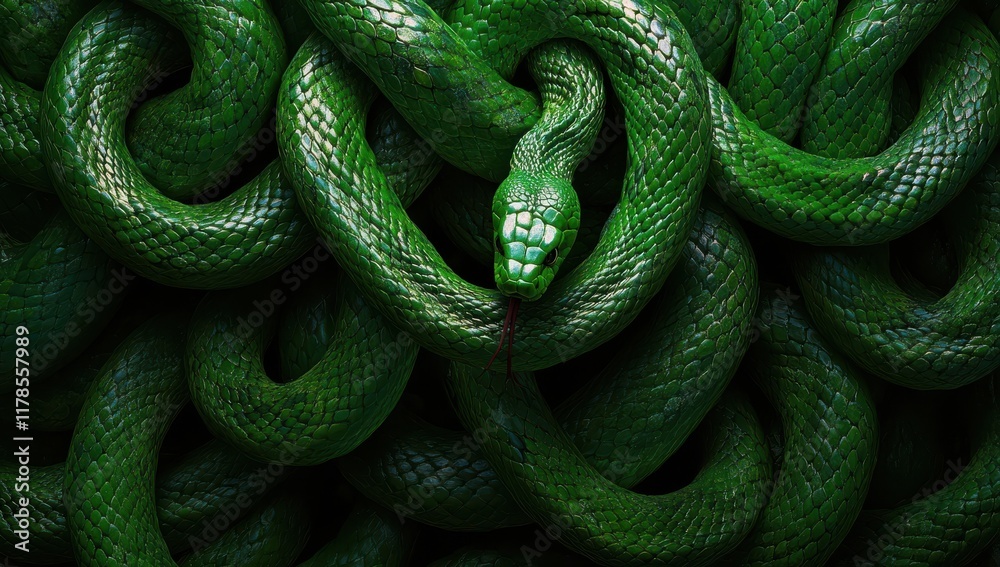 Fototapeta premium Close-Up of a Vibrant Green Snake Coiled Amongst Lush Greenery, Showcasing the Intricate Patterns and Textures of Its Scales and Natural Habitat