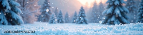 Softly falling snowflakes on a winter scene background, serene landscape, icy landscape
