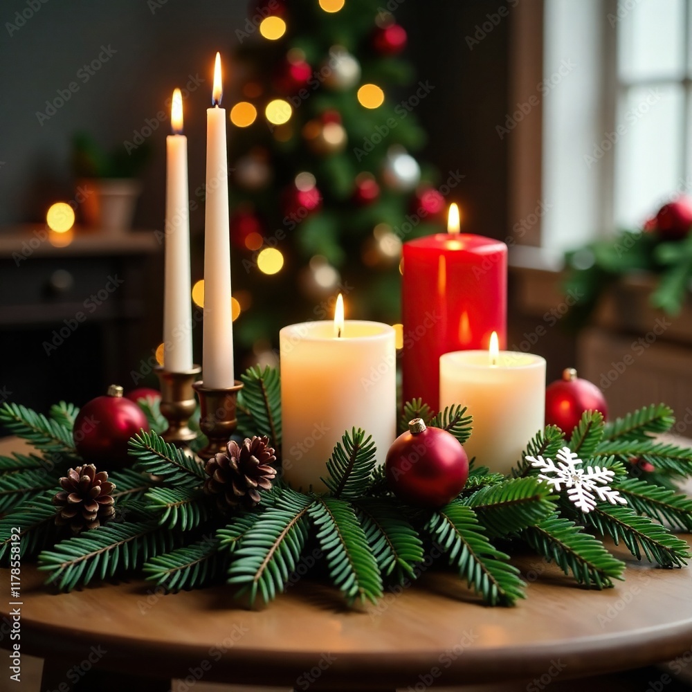 Decorated table with candles and evergreen branches, table, snowflake