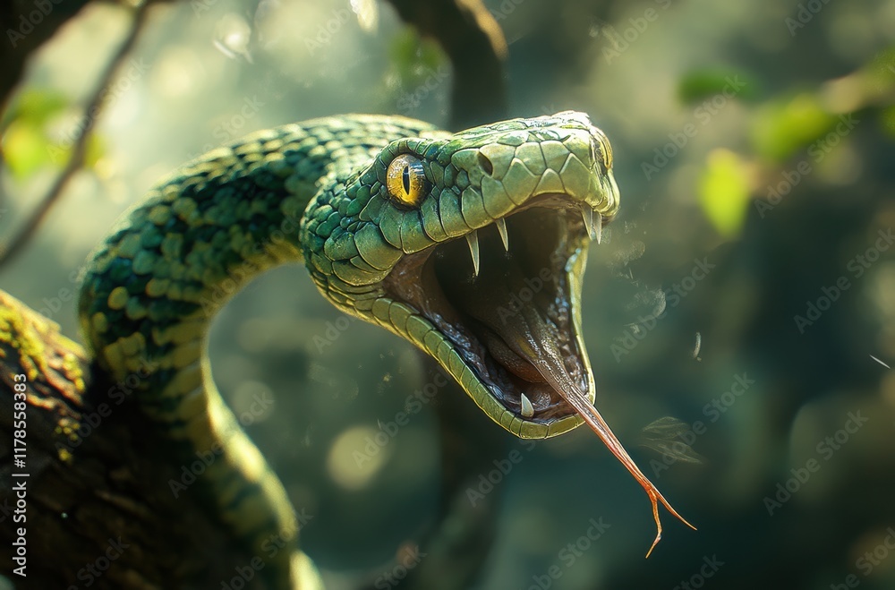 close-up of a vibrant green snake poised on a tree branch displaying its open mouth and flicking tongue in a lush forest setting surrounded by natural light