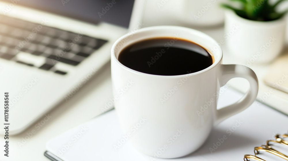 Coffee cup with notebook and laptop on wooden table Coffee cup with notebook and laptop on wooden table