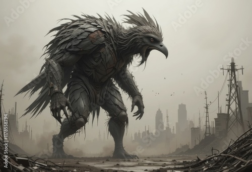 Giant mythical bird creature in a dystopian city photo