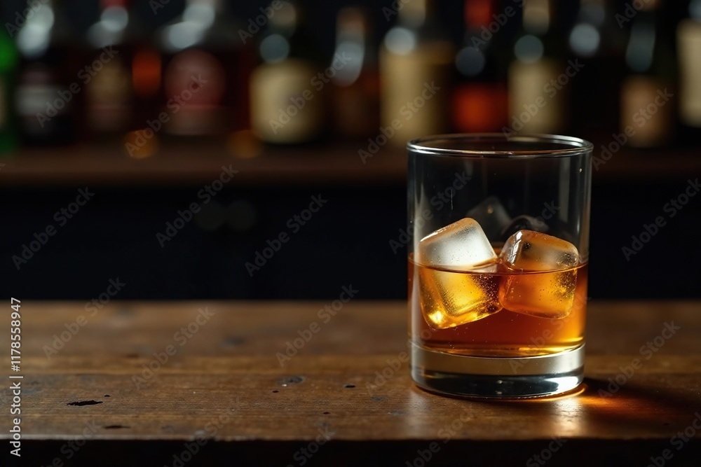 Smooth liquid whiskey poured over ice cubes on a worn wooden bar counter, whiskey, texture, counter Smooth liquid whiskey poured over ice cubes on a worn wooden bar counter, whiskey, texture, counter