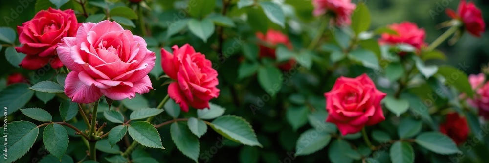 Rose bush with an abundance of green leaves and blooms, verdant, foliage Rose bush with an abundance of green leaves and blooms, verdant, foliage