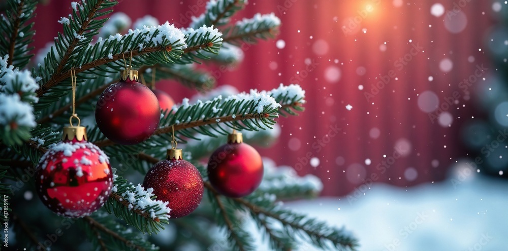 Frosted pine branches with colorful baubles in a winter landscape, frosted pine, maroon background Frosted pine branches with colorful baubles in a winter landscape, frosted pine, maroon background