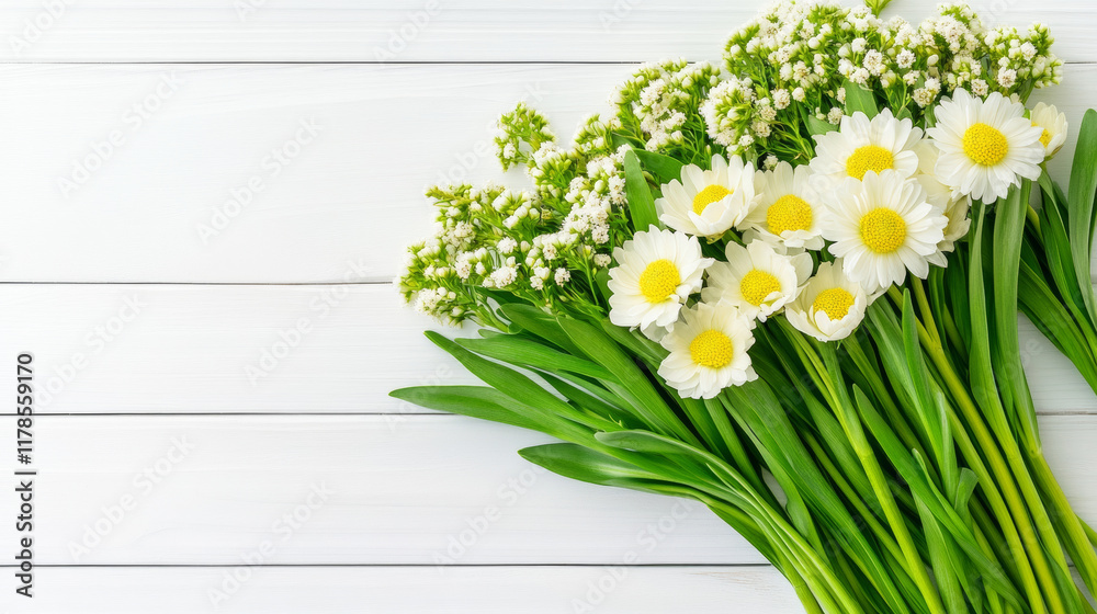 Obraz premium White daisies and greenery on wooden background