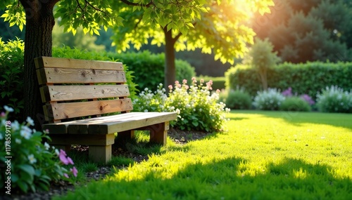 Holzbank in Gartenhintergrund mit Sonnenschein, holzbank, stilvoll photo