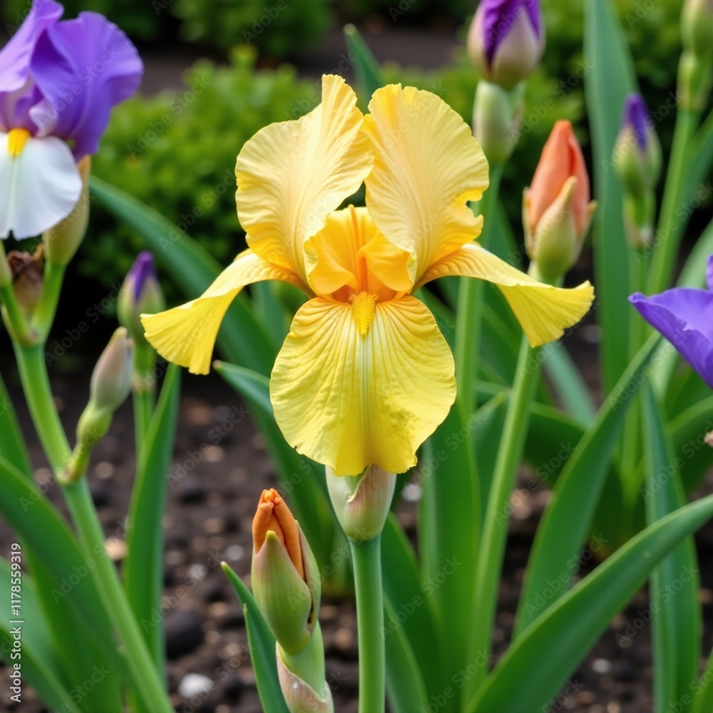 Single bearded iris flower with three open and one closed bud in a garden among flowers, germanica, arrangement, stem Single bearded iris flower with three open and one closed bud in a garden among flowers, germanica, arrangement, stem