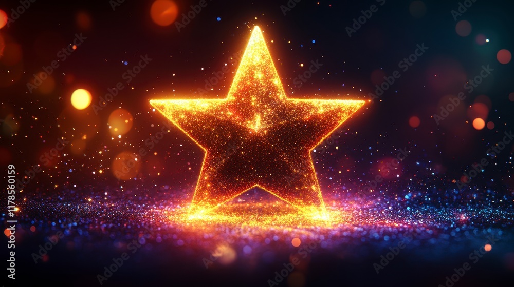 Glowing golden star on dark background with sparkles. Glowing golden star on dark background with sparkles.