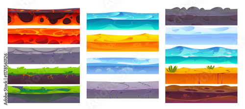 Seamless soil ground layers, level surface game asset, vector UI. Cartoon soil dirt, grass land, rock and sand ground layer textures. Water, stone, lava, snow, ice and swamp underground cross sections