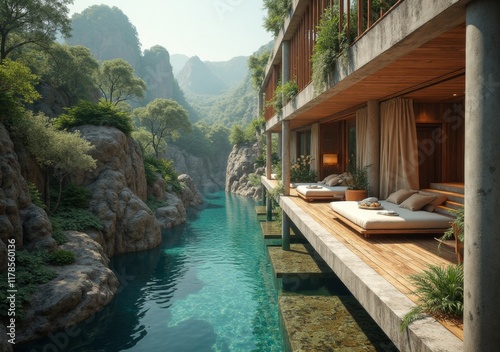 Luxurious riverside villa with stunning mountain views and tranquil surroundings