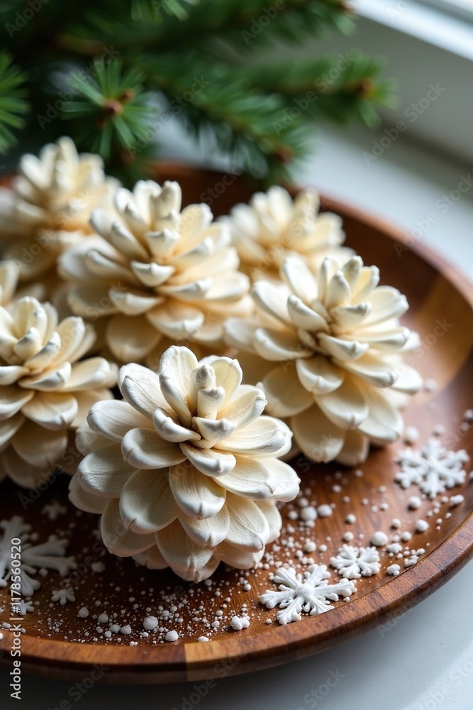 Snowy pinecones in shades of white and cream resting on a wooden platter, pine, decorative plate Snowy pinecones in shades of white and cream resting on a wooden platter, pine, decorative plate