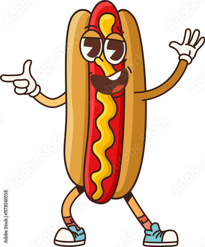 Groovy fast food hot dog character. Isolated cartoon vector psychedelic hotdog fastfood personage with a funky vibe, featuring charming smile, wearing cool sneakers and a laid-back, dance-like pose