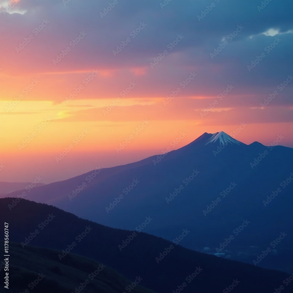 Obraz premium Dawn sky with mountain peak orange hue, blue horizon, mountain peaks, morning light, natural wonder