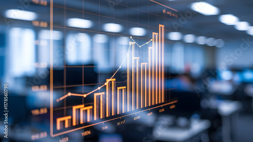 Close-up of a glowing bar graph on a digital screen, symbolizing labor market trends, with copy space. Data visualization, economic analysis, and business growth concepts.