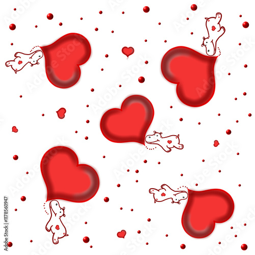 seamless pattern with red hearts and white hippopotamus on white background.