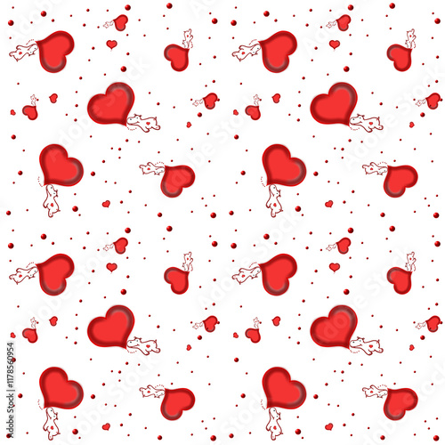 seamless pattern with red hearts and white hippopotamus on white background.