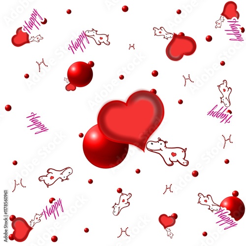 seamless pattern with red hearts and white hippopotamus on white background.