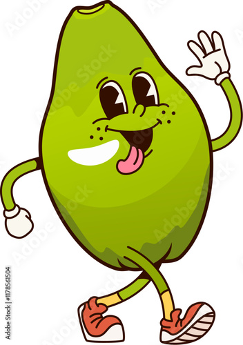 Groovy papaya fruit, retro cartoon funny character with happy face, vector emoji. Groovy papaya with comic silly emotion of teasing or yummy tongue out, funky fruit food character in retro cartoon