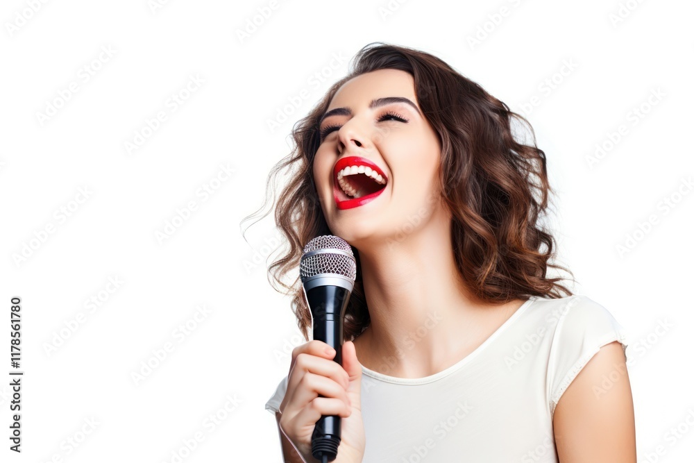 Woman singing karaoke microphone laughing adult. Woman singing karaoke microphone laughing adult.