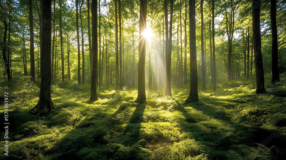 A lush forest with a variety of trees beginning to sprout fresh leaves, sunlight streaming through the canopy and illuminating the forest floor covered in vibrant green moss and ferns A lush forest with a variety of trees beginning to sprout fresh leaves, sunlight streaming through the canopy and illuminating the forest floor covered in vibrant green moss and ferns
