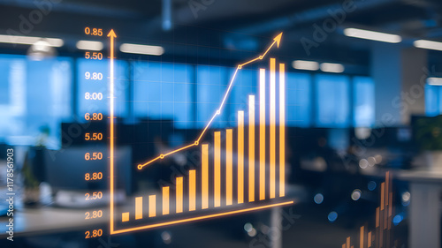 Close-up of a glowing bar graph on a digital screen, symbolizing labor market trends, with copy space. Data visualization, economic analysis, and business growth concepts.