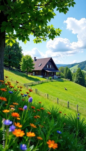 Holzbank in der N?he eines Hauses mit Graslandschaft, gr?n, blumen, Haus