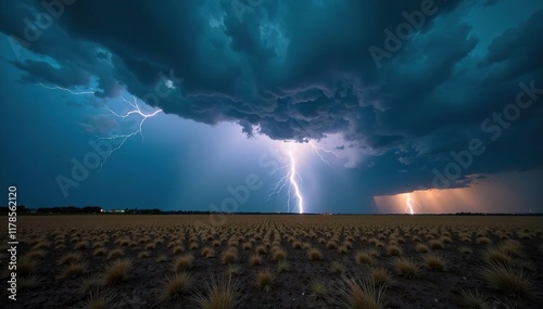 A sudden storm hits a dry field with lightning illuminating the darkened sky and thunder booming in the distance, landscape, stormy photo