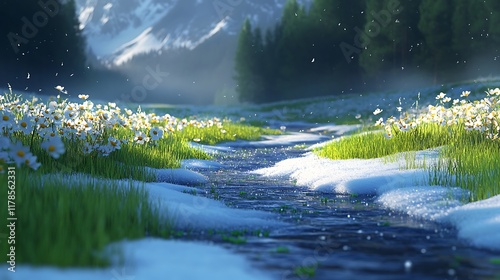 A meadow with melting snow and streams of water trickling through, accompanied by the soft light of early spring, evoking hope and change