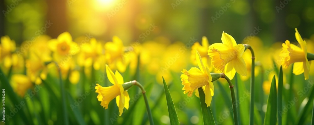 Fototapeta premium Bright sunny field of small yellow daffodil flowers, nature, field, daffodils