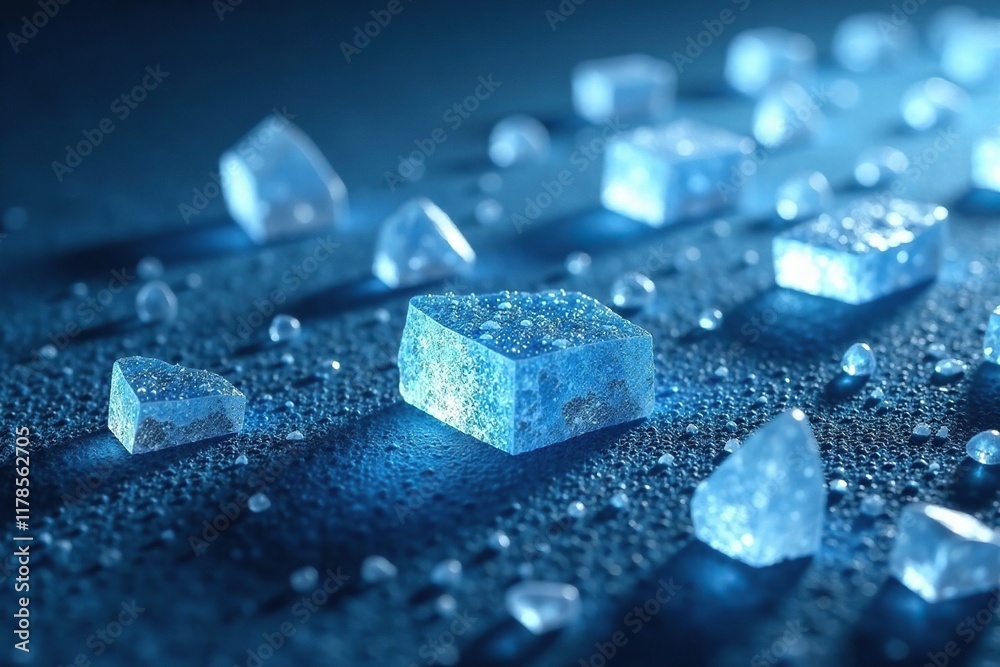 Blue crystalline ice shard scattered on ground, shards, sparkle Blue crystalline ice shard scattered on ground, shards, sparkle