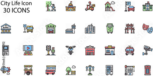 Set of City Life icons. Line art style icons bundle. vector illustration