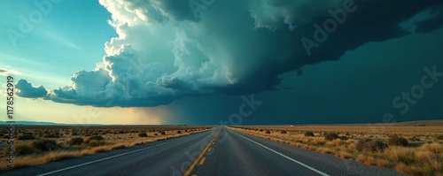 Rolling thunderhead clouds casting long shadows on deserted highway, thunderstorms, dark sky, isolated landscape