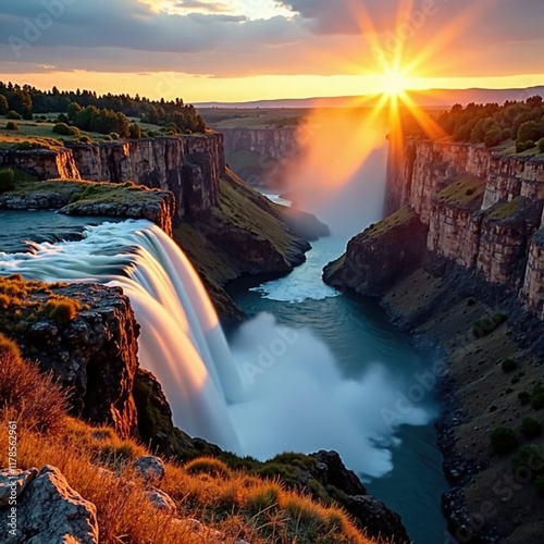 Shoshone Falls bathed in golden light of sunset, Waterfall, Light Effects photo