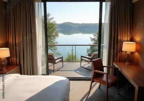 Serene lakeside view from a modern hotel room with outdoor seating area