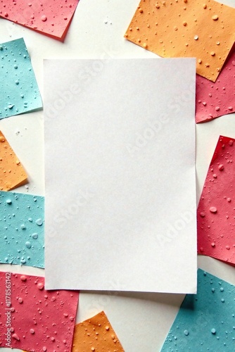 Distressed paper scraps scattered on a white surface, background, rain effect, grunge