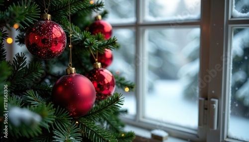 Red ornaments strung on an evergreen wreath in front of a snowy window, evergreen, snow