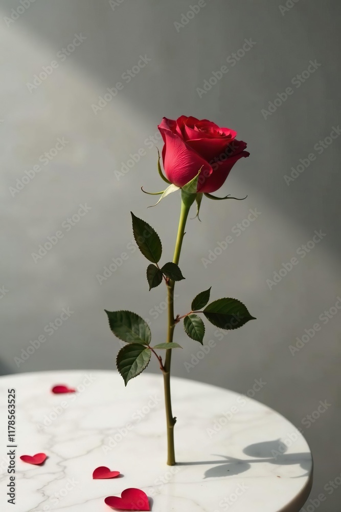 A single long-stemmed red rose on a marble table, valentine, flower, stem A single long-stemmed red rose on a marble table, valentine, flower, stem