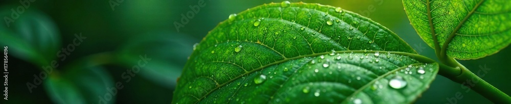 sparkling dew on frangipani leaves with intricate details of veins and ridges, moisture, dew, hydration