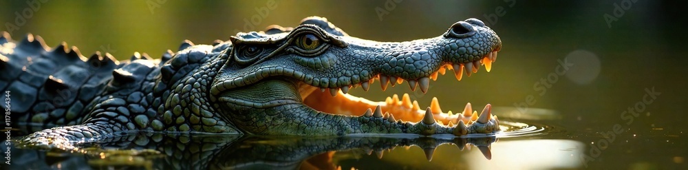Crocodile's sharp teeth gleaming in the sunlight, shiny, bright, teeth Crocodile's sharp teeth gleaming in the sunlight, shiny, bright, teeth