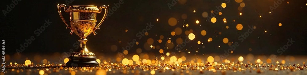 Glittering gold confetti scattered around a luxurious trophy, sparkly, gold Glittering gold confetti scattered around a luxurious trophy, sparkly, gold