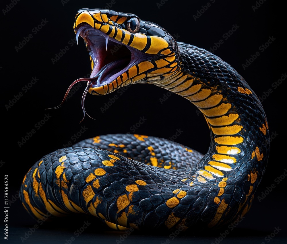 Exquisite Close-Up of a Majestic Black and Yellow Snake with an Intense Gaze and Forked Tongue, Showcasing the Beauty of Wild Reptiles in Dark Background Exquisite Close-Up of a Majestic Black and Yellow Snake with an Intense Gaze and Forked Tongue, Showcasing the Beauty of Wild Reptiles in Dark Background