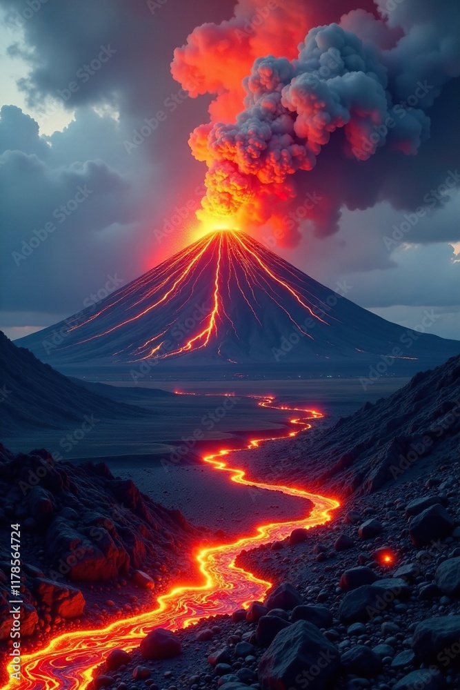 Volcanic eruption landscape with lava and ash, ash cloud, pyroclastic flow, eruption Volcanic eruption landscape with lava and ash, ash cloud, pyroclastic flow, eruption