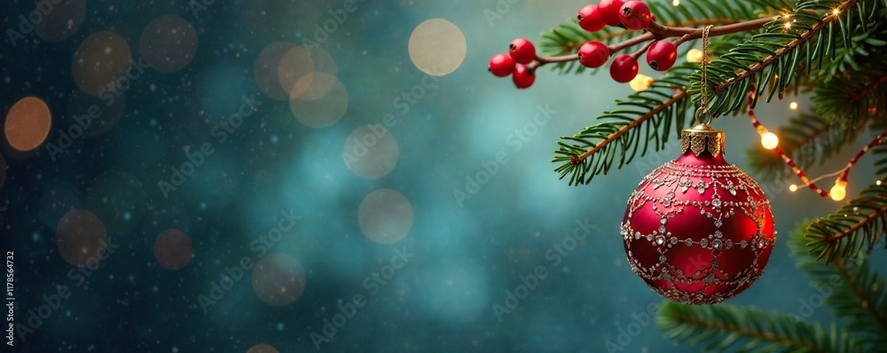A beaded garland hangs with crystal ornaments and red berries, festive, crystal, ornament A beaded garland hangs with crystal ornaments and red berries, festive, crystal, ornament