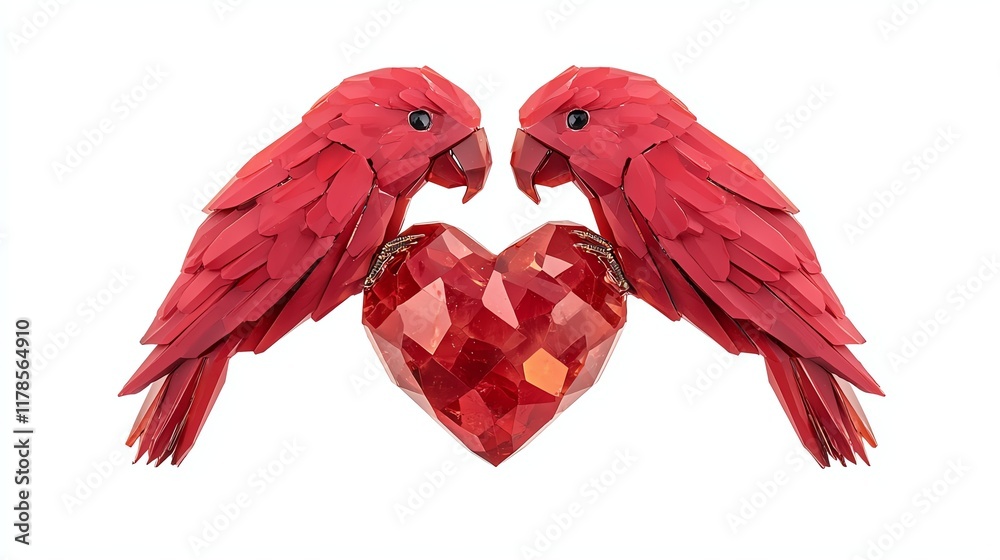Obraz premium Two vibrant red birds face each other, perched beside a sparkling heart, symbolizing love and connection.